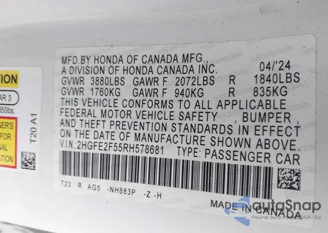 2024 Honda Civic Sport from USA, damaged, VIN 2HGFE2F55RH578681